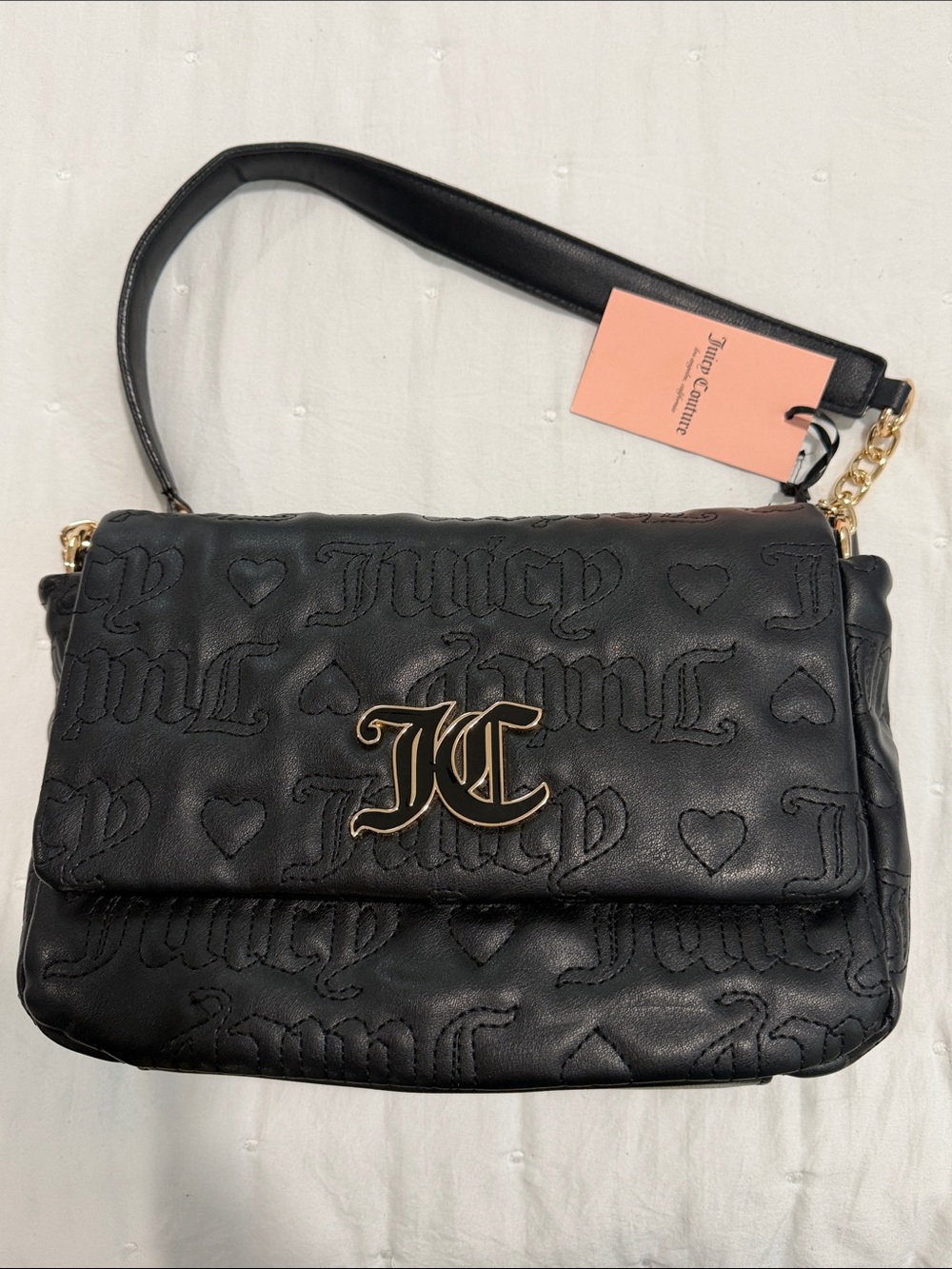 Juicy Couture Black Quilted JC Logo Shoulder Bag with Gold Emblem